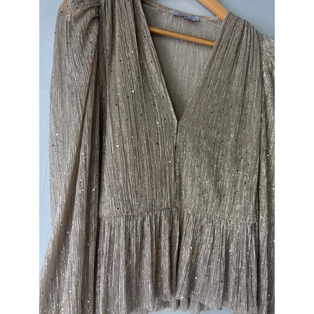 Sabina Musayev Liya Blouse Gold Metallic Pleated Peplum Top Size Large - Picture 6 of 10